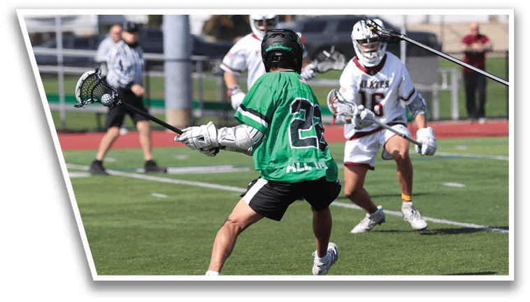 A group of people playing a game of lacrosse on a field. Description generated by AI