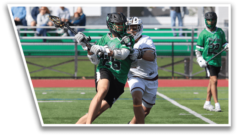 A man in a green shirt is trying to get past another man in a white shirt. Description generated by AI