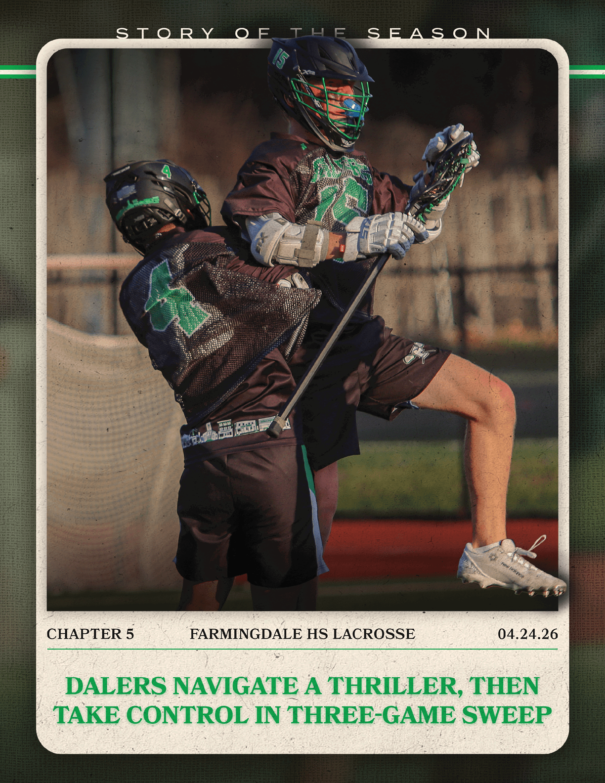 A story of the season poster with a picture of two people playing lacrosse. Description generated by AI