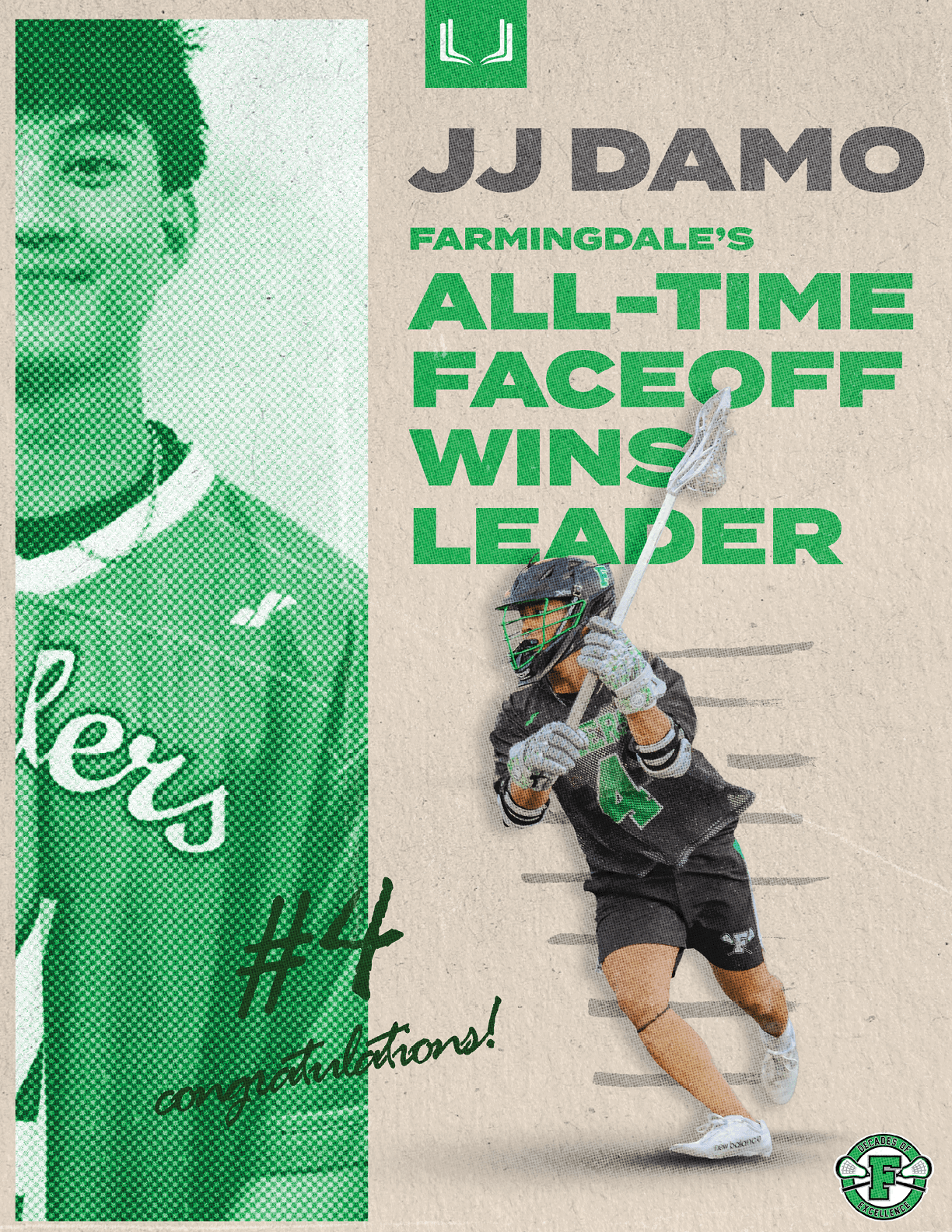 A man in a green and white jersey is shown on a poster. Description generated by AI