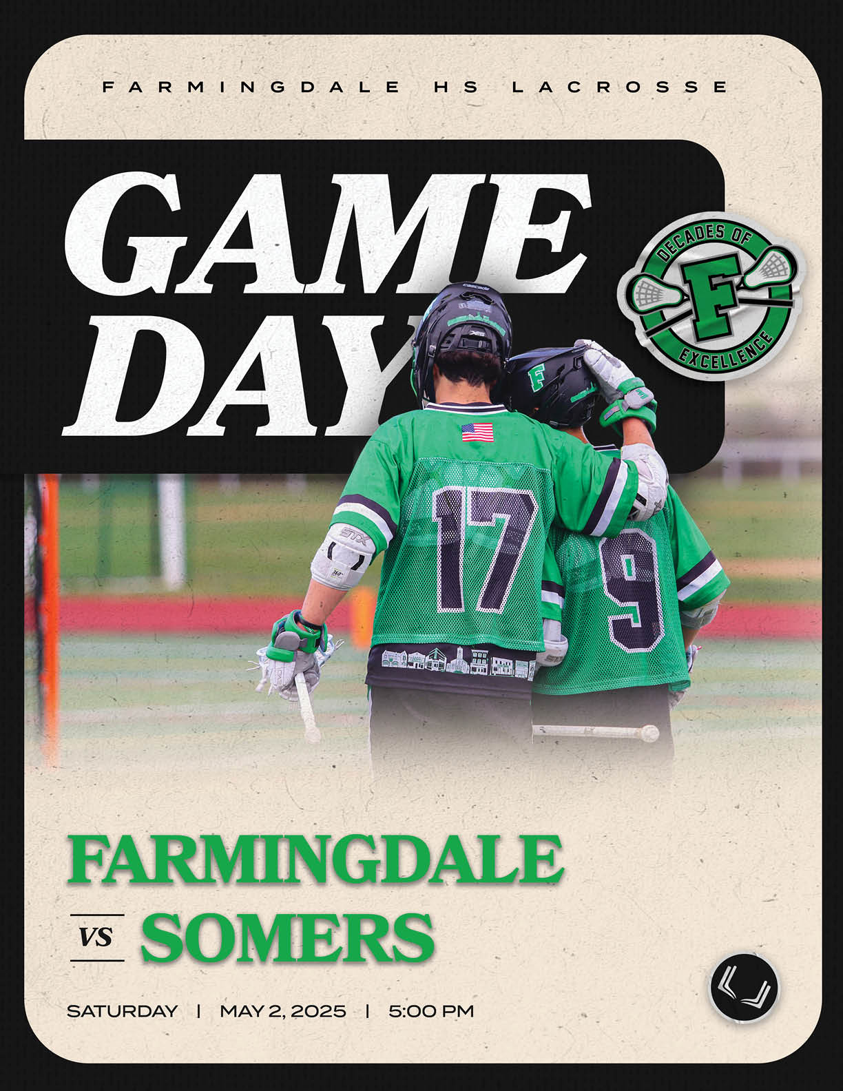 A game day poster for a lacrosse game between Farmingdale and Somers. Description generated by AI