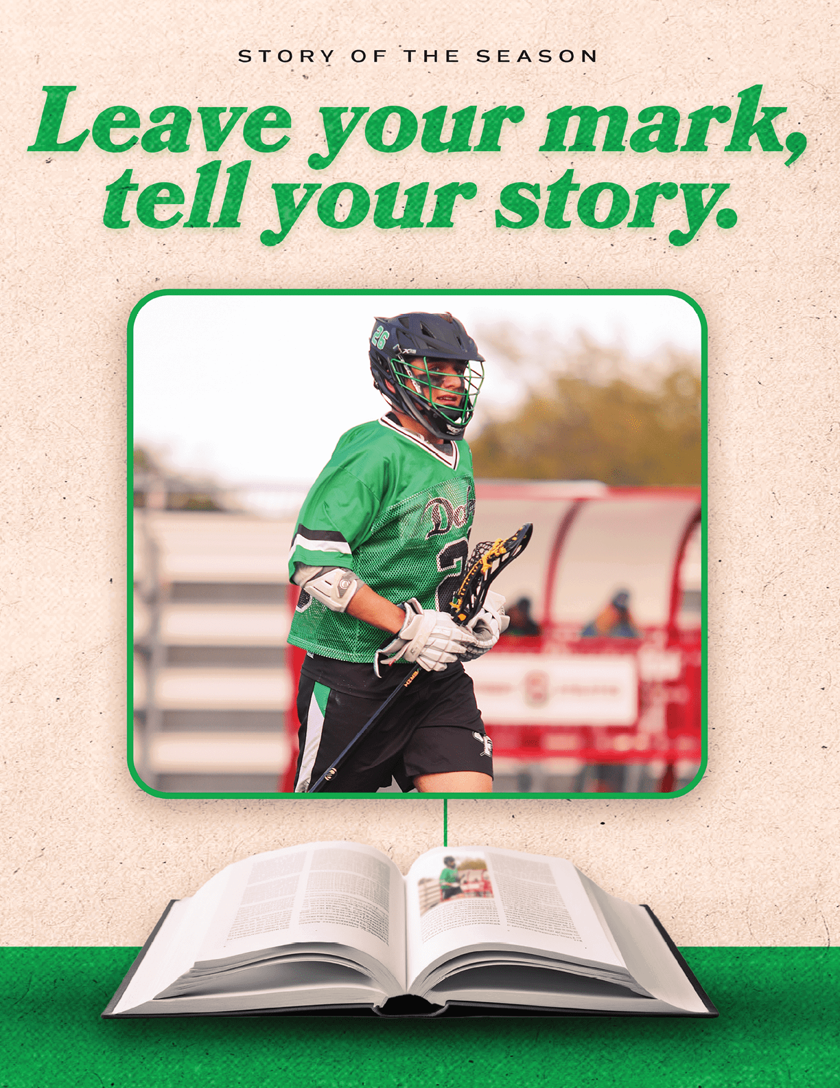 A green and white book with a man in a green shirt and black shorts holding a stick. Description generated by AI