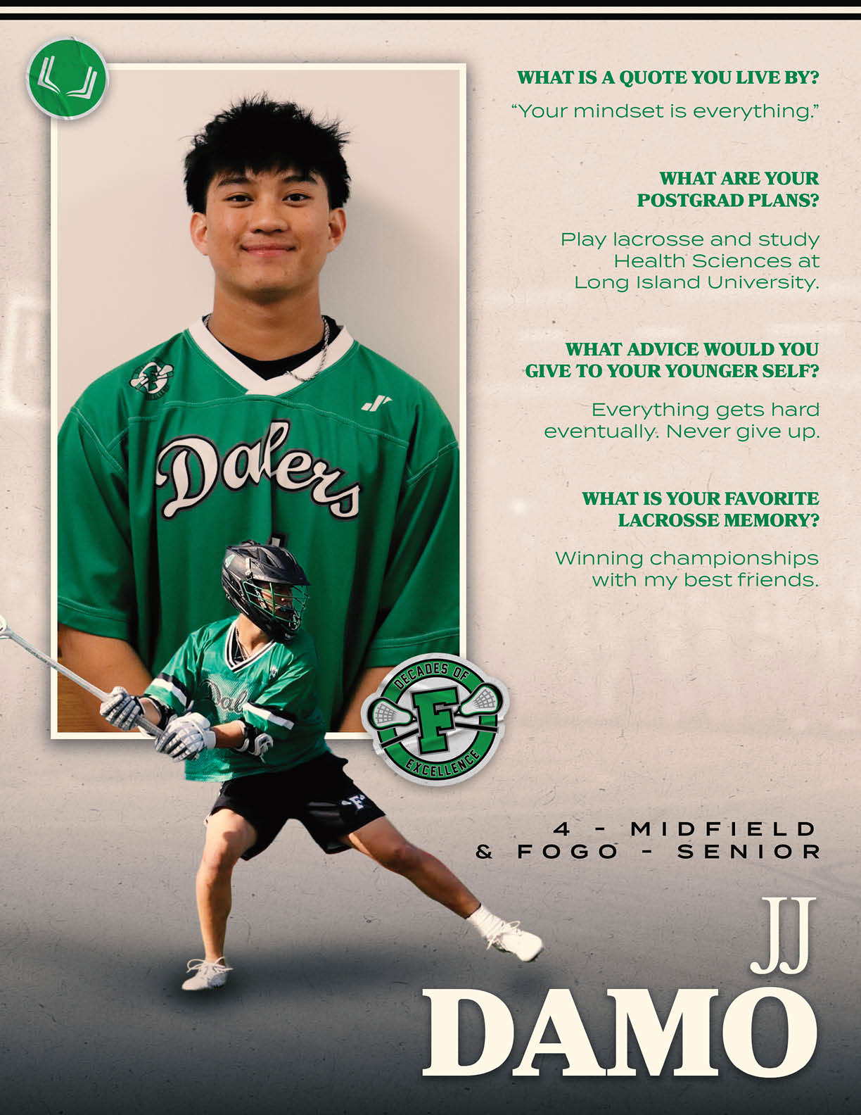 A man wearing a green jersey with the word Dale on it. Description generated by AI