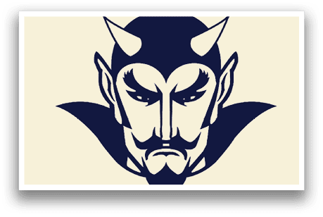 A blue and white devil face with a mustache. Description generated by AI