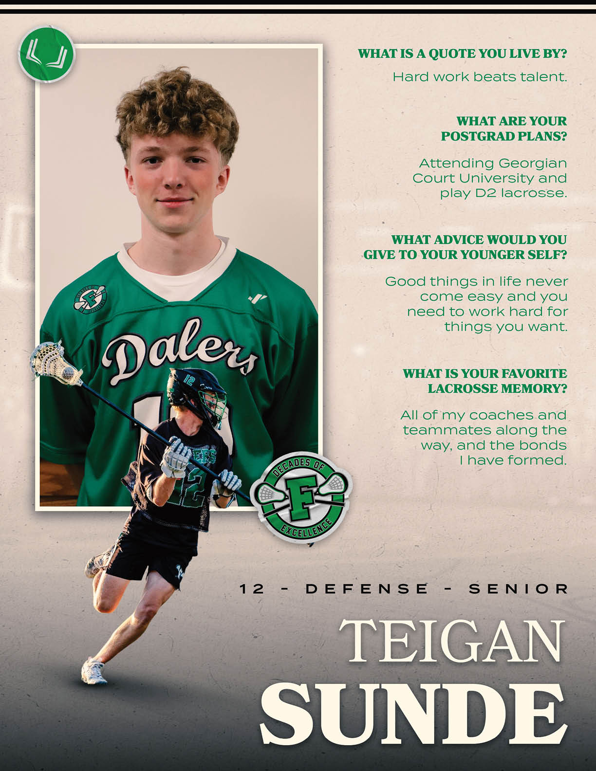A young man wearing a green and white jersey. Description generated by AI