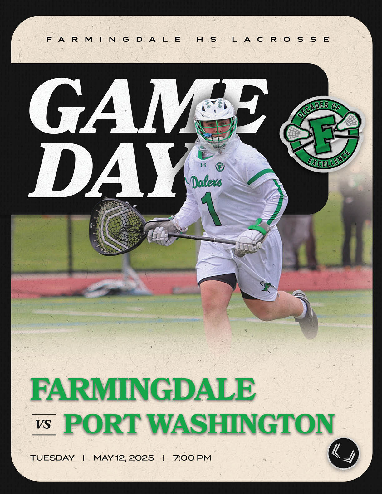 A game day poster for a lacrosse game between Farmingdale and Port Washington. Description generated by AI