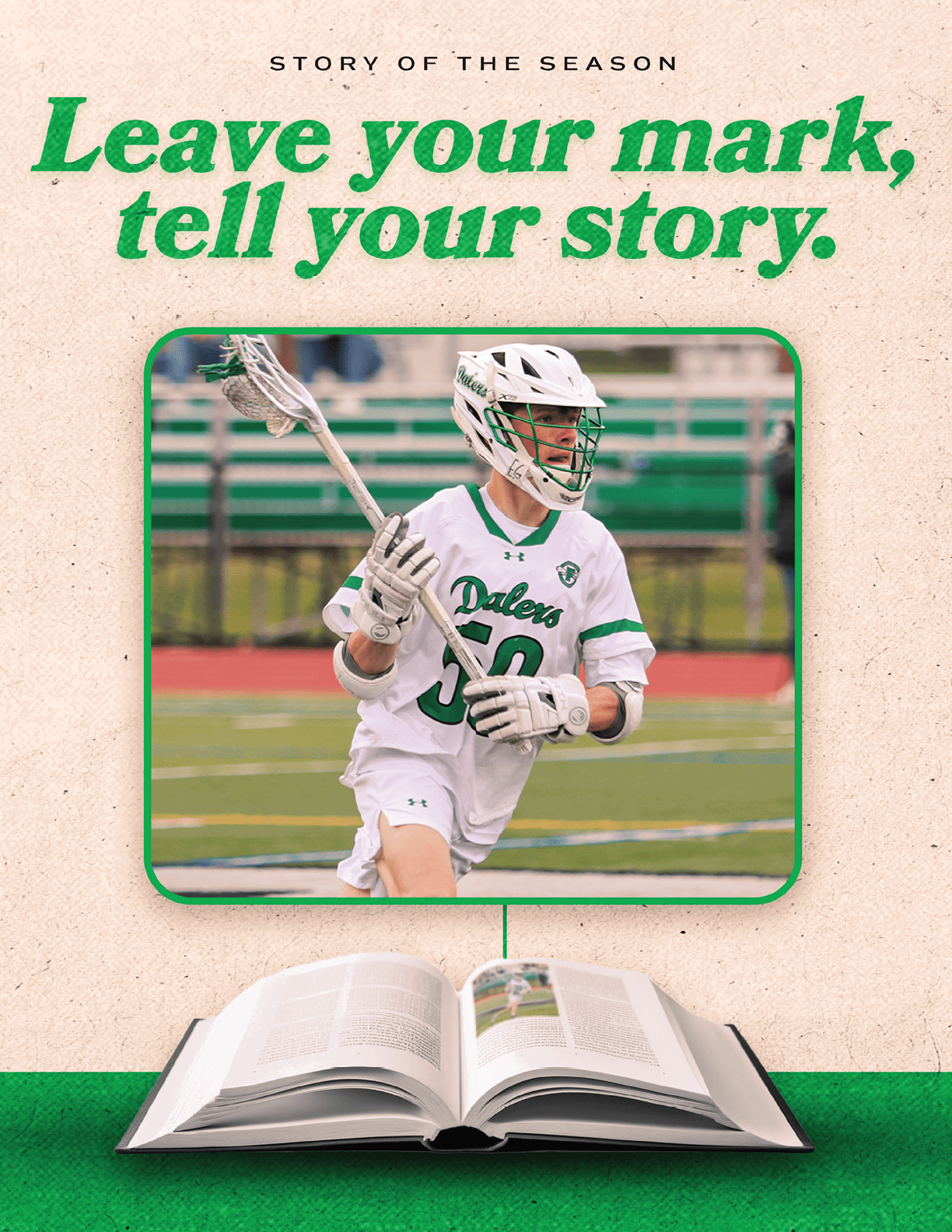 A book with a picture of a lacrosse player on the cover. Description generated by AI