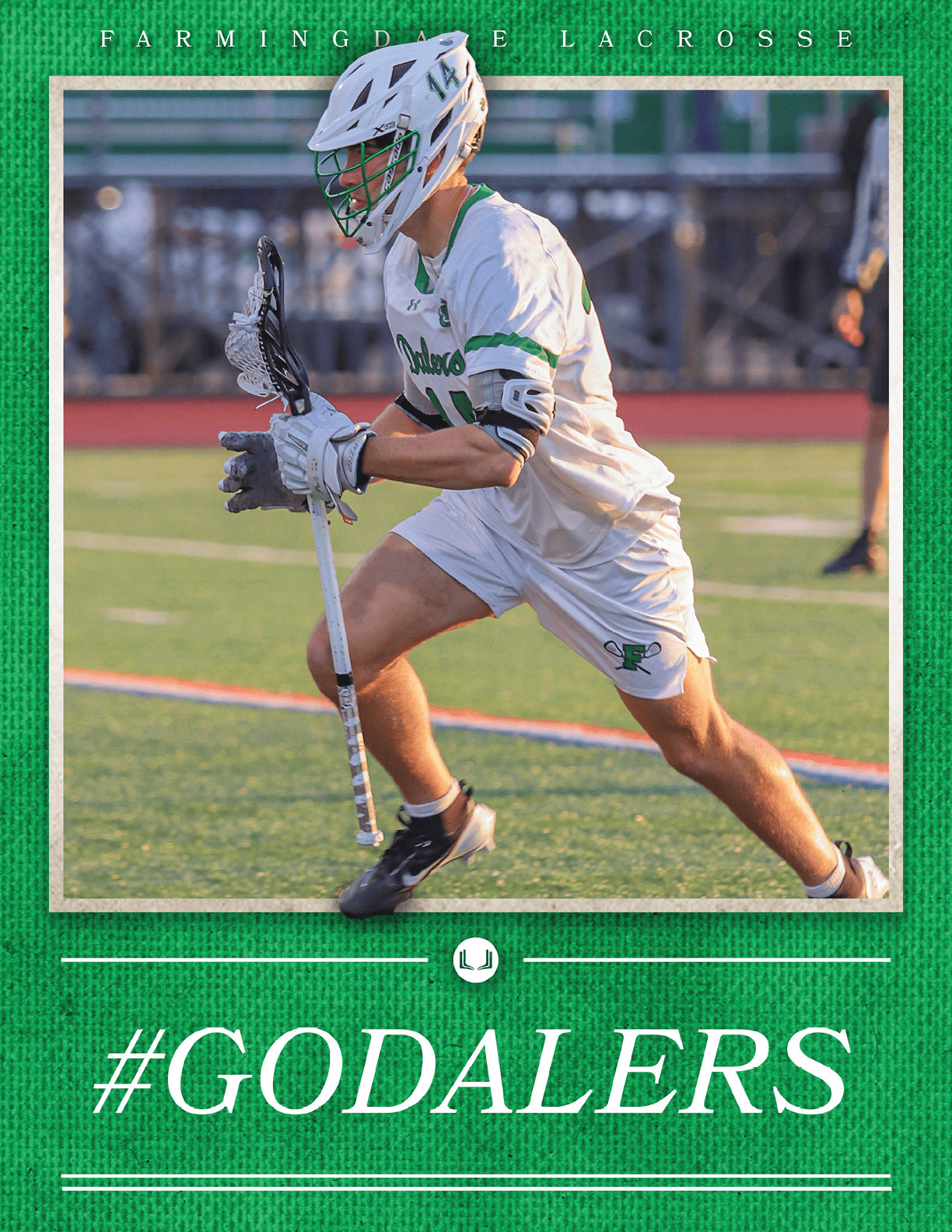 A man in a white and green uniform is running on a field. Description generated by AI