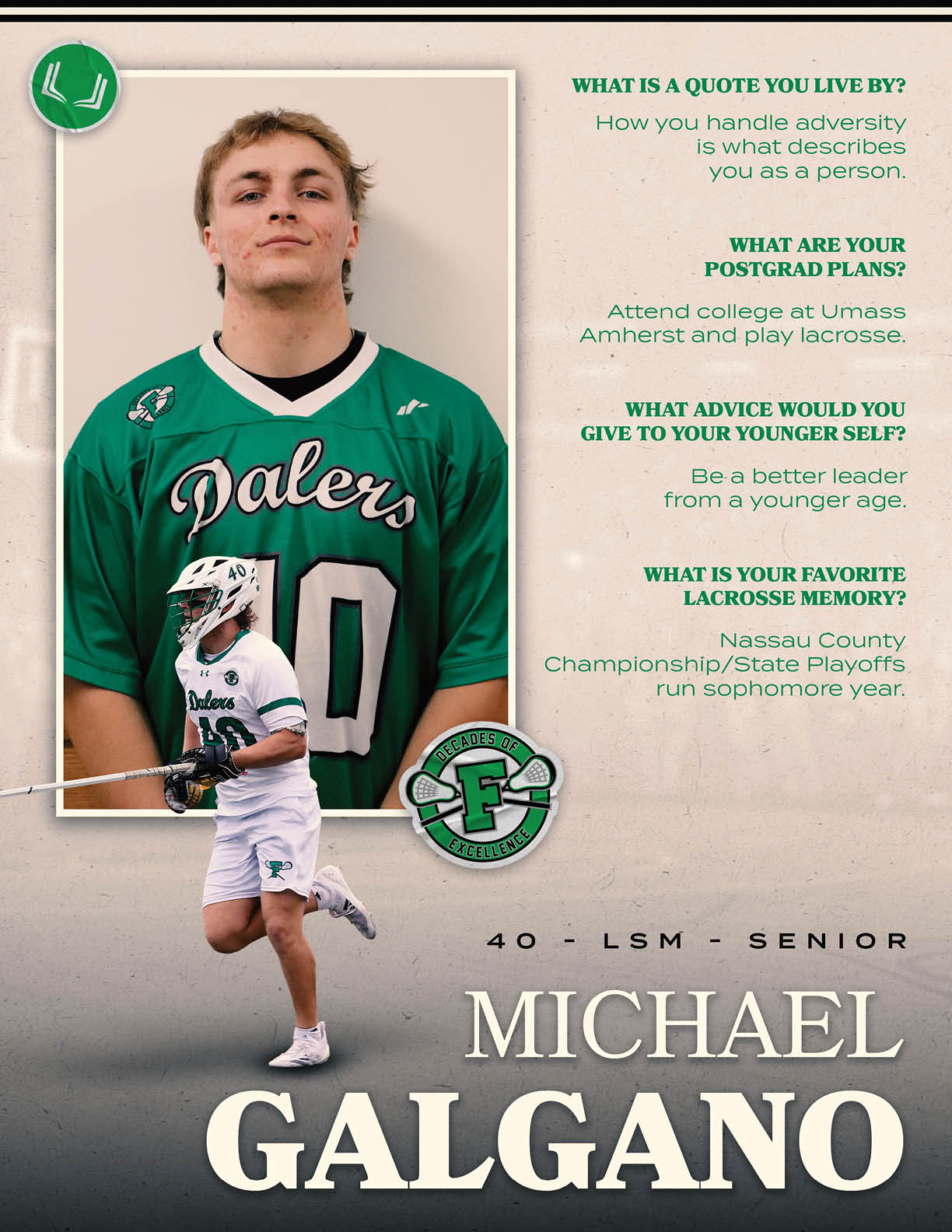 A man wearing a green and white jersey. Description generated by AI