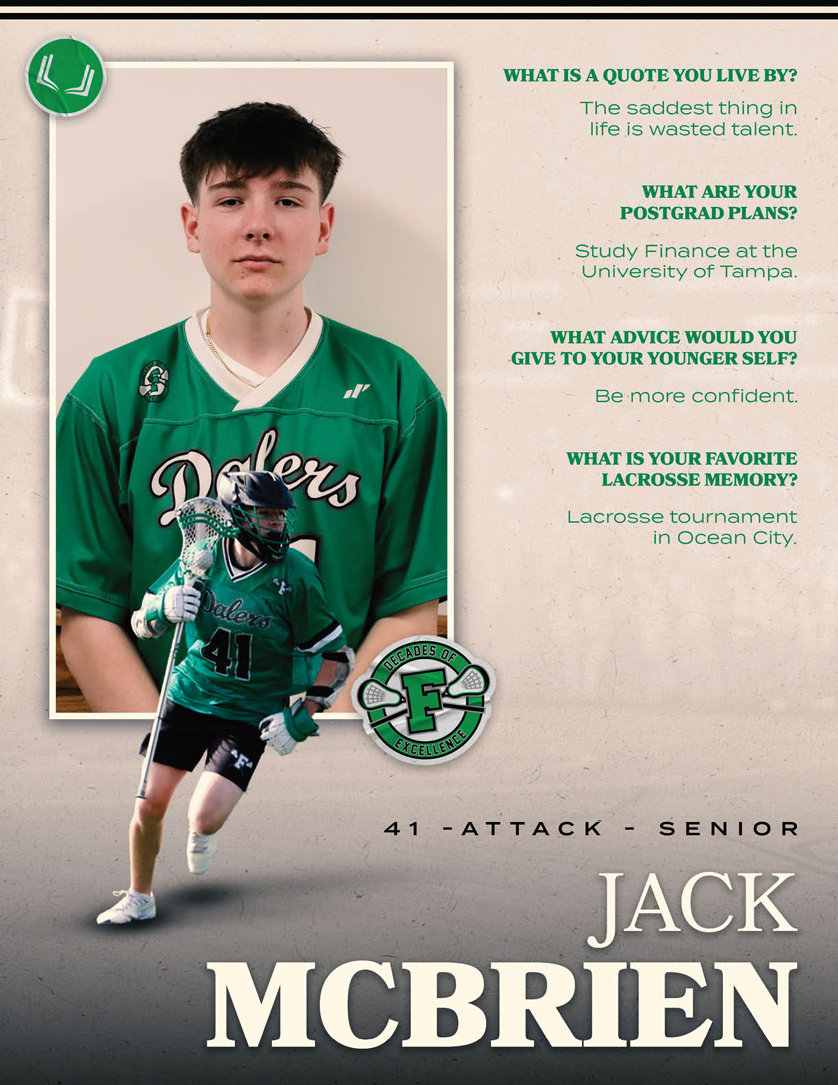 A young man wearing a green jersey with the number 41 on it. Description generated by AI