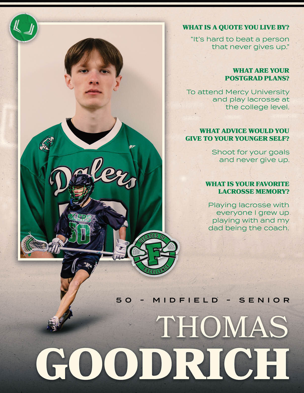 A young man wearing a green and white jersey. Description generated by AI