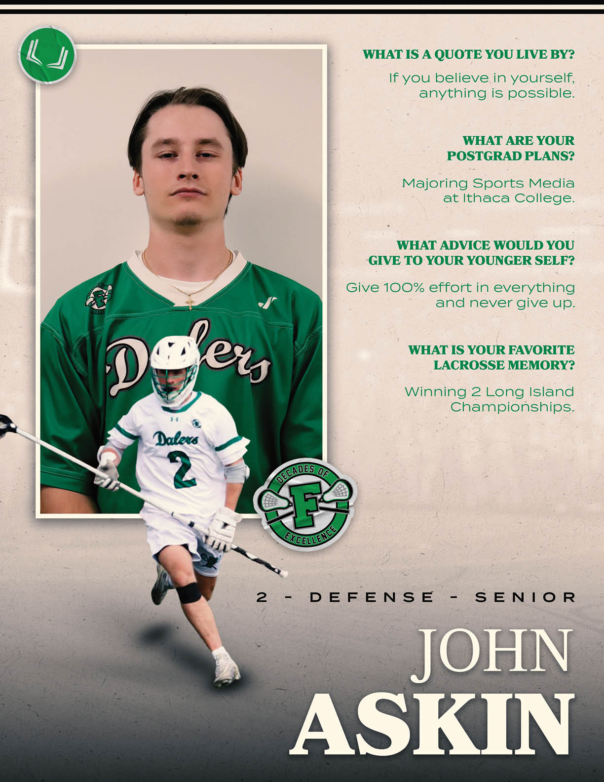 A man in a green and white jersey holding a stick. Description generated by AI