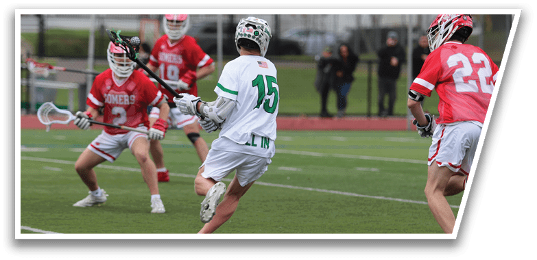A group of people playing lacrosse on a field. Description generated by AI