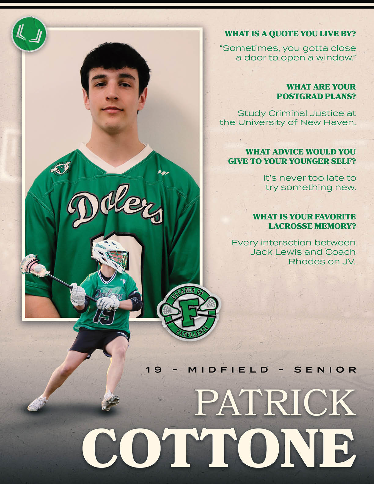 A man wearing a green jersey with the number 19 on it. Description generated by AI