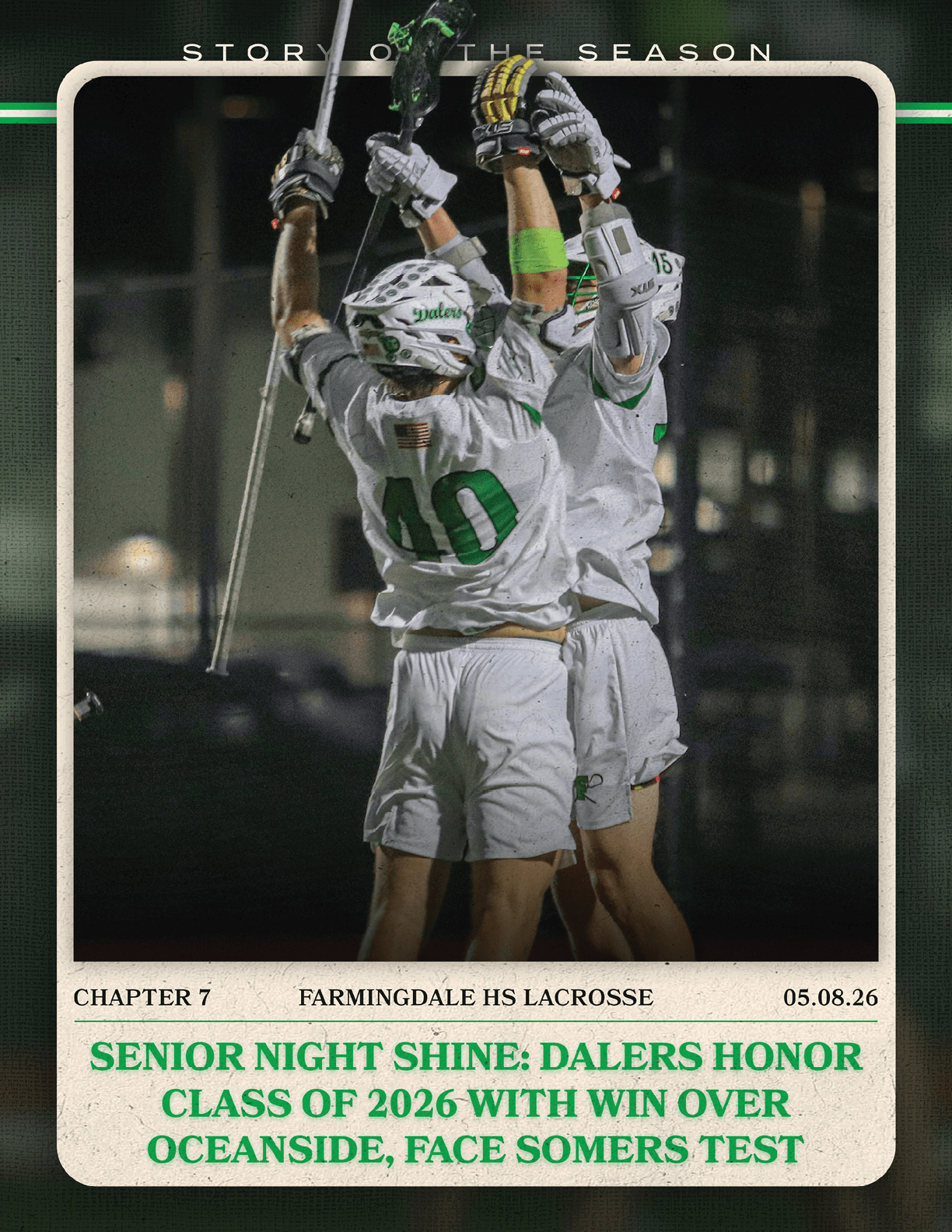 A group of lacrosse players celebrating a win. Description generated by AI