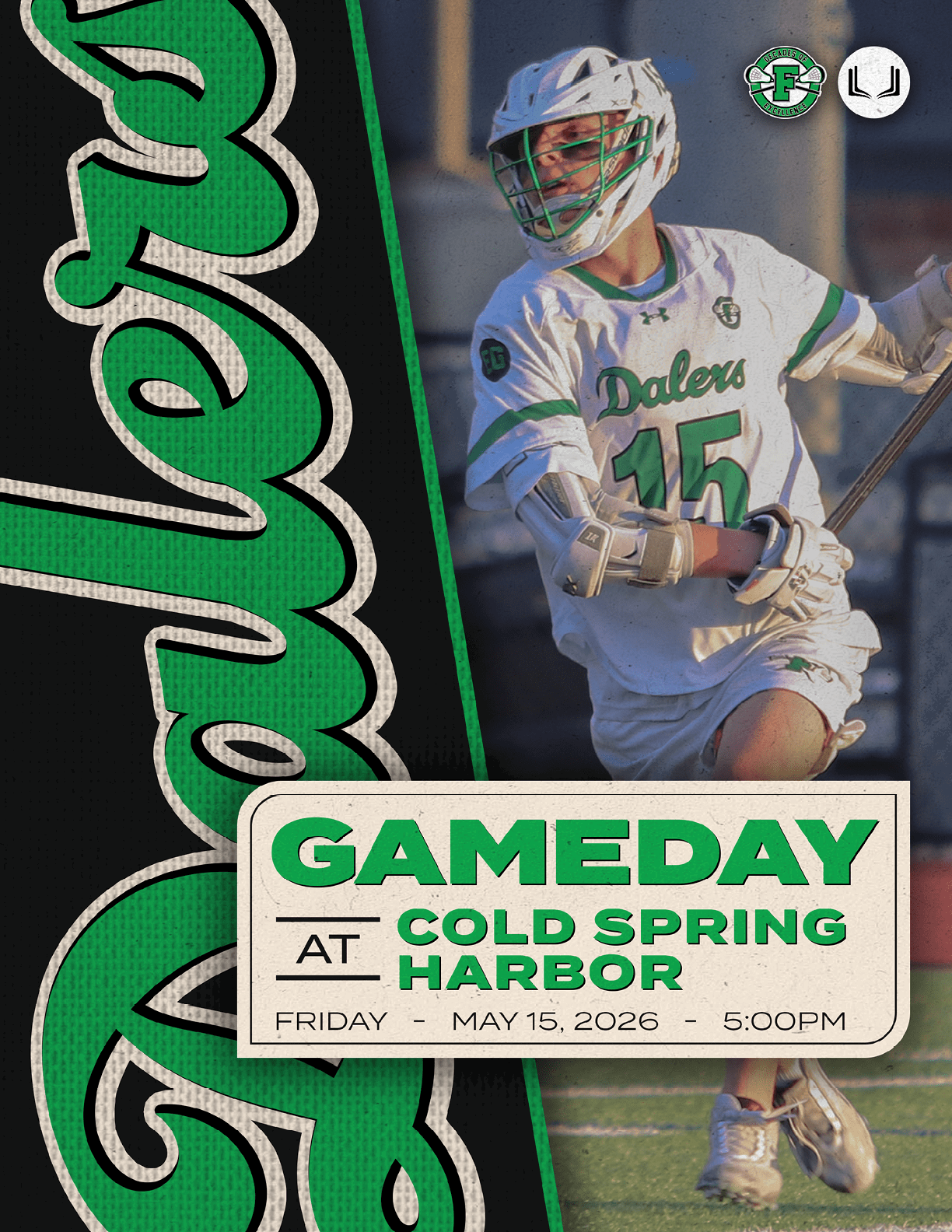 A man wearing a white and green uniform holding a stick. Description generated by AI