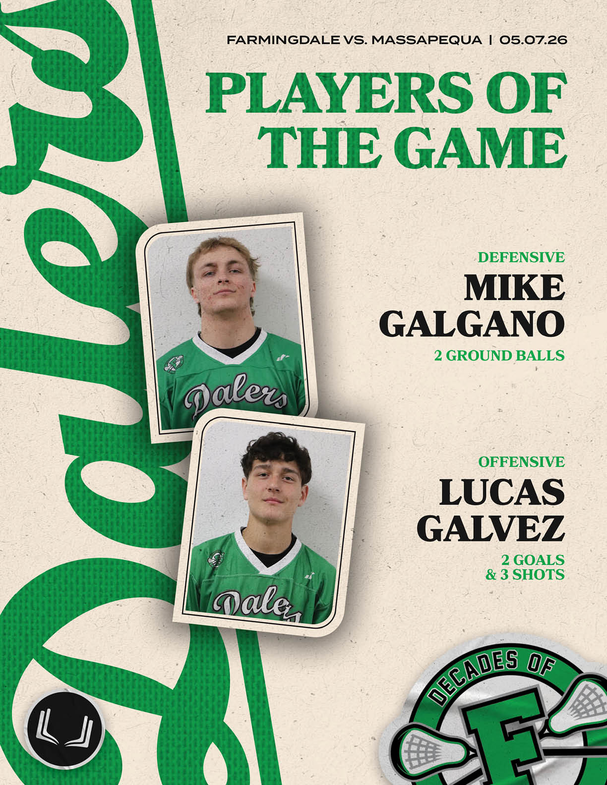 A green and white poster with two photos of young men in green jerseys. Description generated by AI