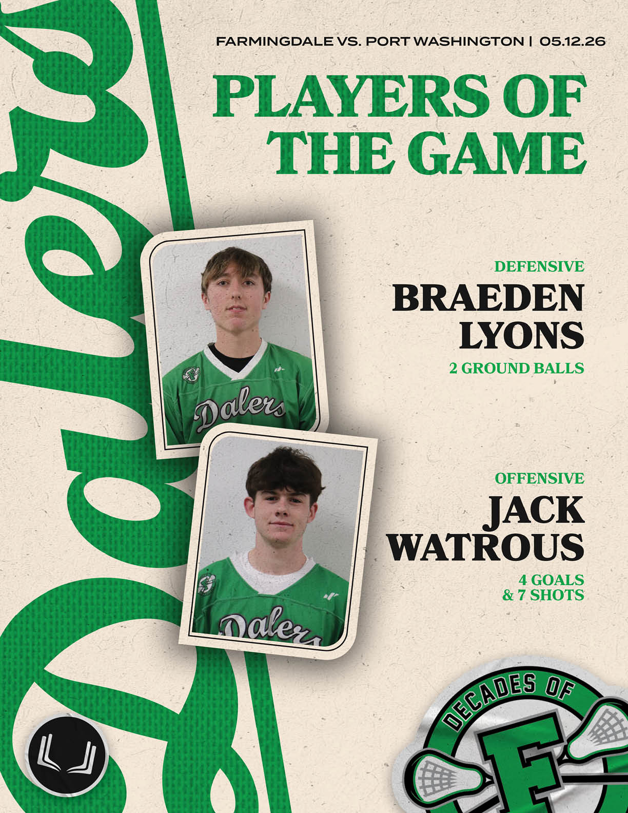 A green and white poster featuring two boys in green jerseys. Description generated by AI
