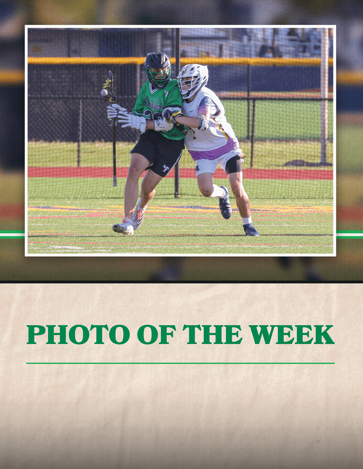 A man in a green shirt and black shorts is playing lacrosse. Description generated by AI