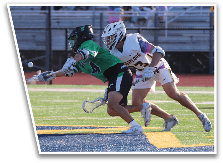 Two men playing lacrosse. Description generated by AI