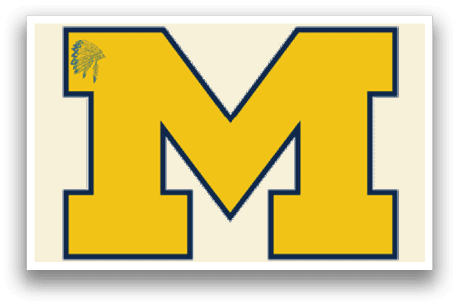 A yellow and blue M on a black background. Description generated by AI