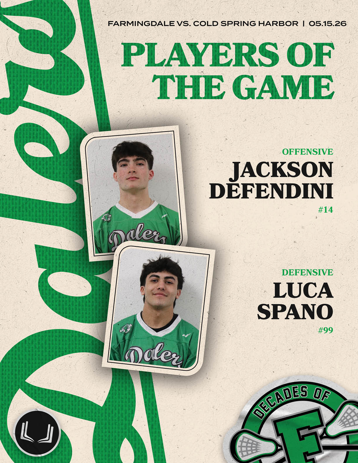 A green and white poster with three photos of young men. Description generated by AI