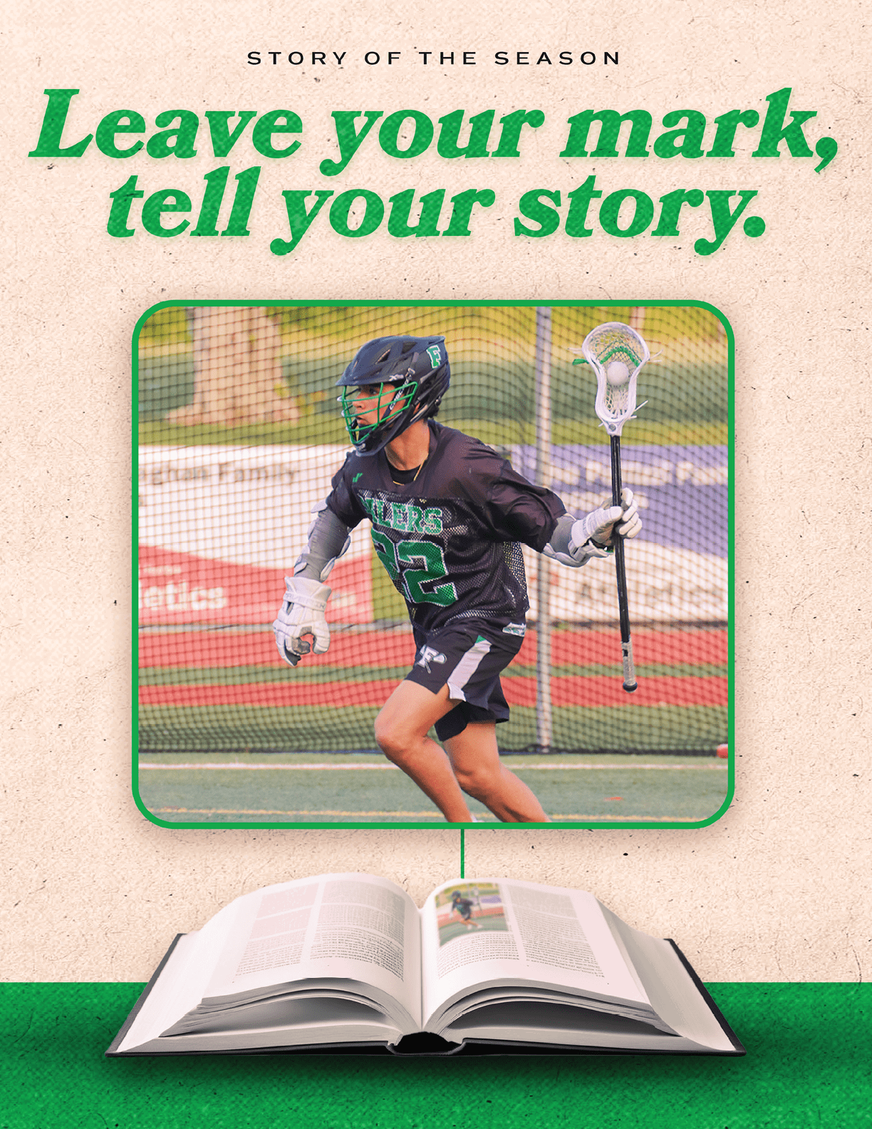 A book with a green cover and a picture of a man playing lacrosse. Description generated by AI