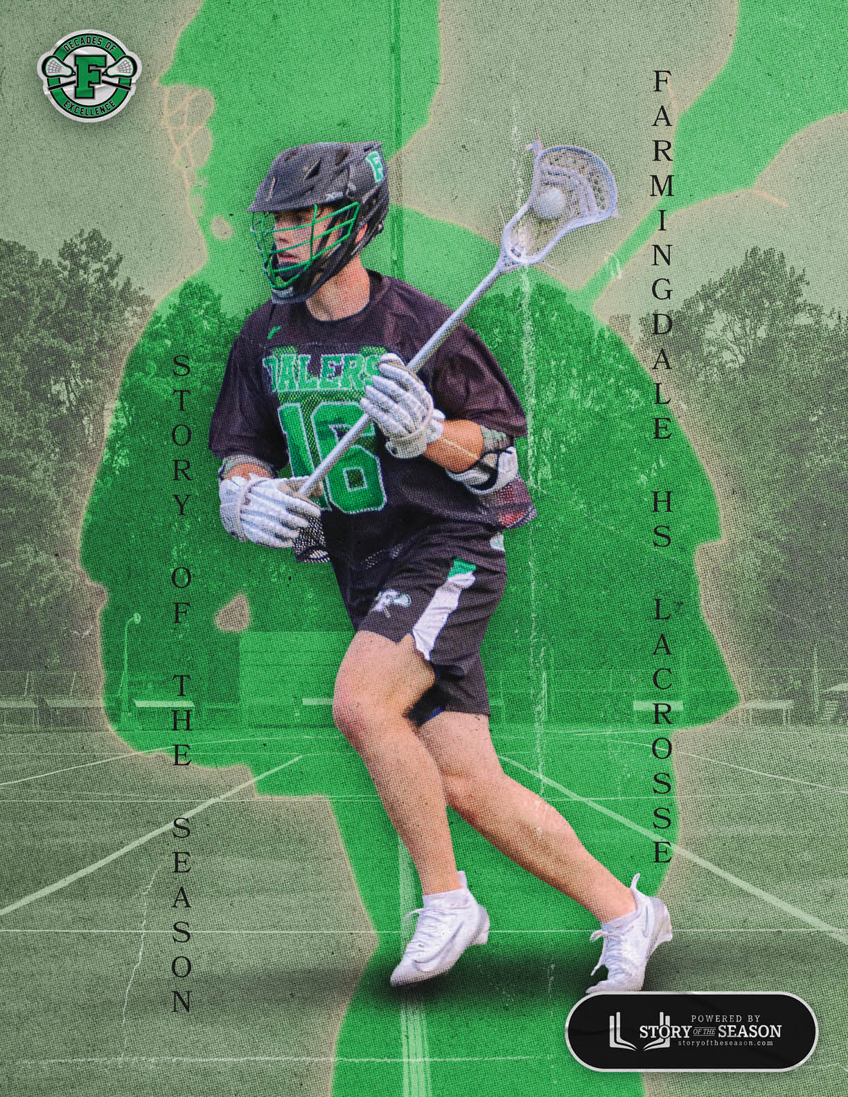 A man in a black and green shirt and shorts holding a lacrosse stick. Description generated by AI