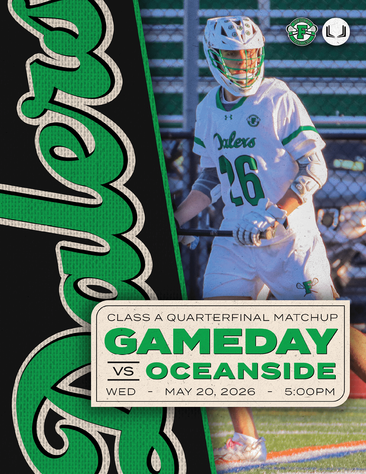 A green and white poster advertising a game between the Generals and the Oceanside. Description generated by AI