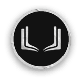 A black circular emblem with a silver border features two stylized white shapes resembling open books or wings facing each other. Description generated by AI