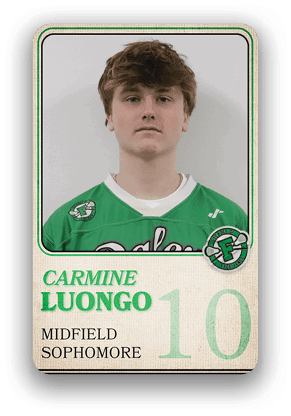 A person wearing a green sports jersey with the name Carmine Luongo, labeled as a sophomore midfielder, is shown in a trading card style format. Description generated by AI