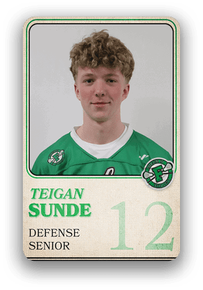 Person with curly hair wearing a green sports jersey with the name Teigan Sunde, labeled as defense and senior, along with the number 12. Description generated by AI