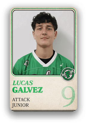 Person wearing a green sports jersey with the name Lucas Galvez, labeled as an attack junior player with the number 9. Description generated by AI