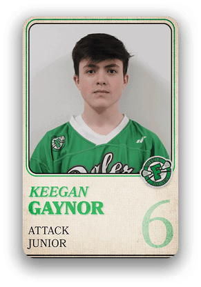 A person wearing a green sports jersey with the name Keegan Gaynor, labeled as an attack junior player with the number 6 on a trading card-style background. Description generated by AI