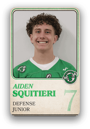 Person with curly hair wearing a green sports jersey with the name Aiden Squitieri, labeled as defense and junior, and the number 7. Description generated by AI