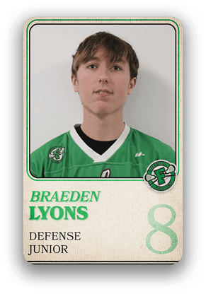A person wearing a green sports jersey with the name Braeden Lyons, labeled as a junior defense player, is featured on a trading card-style design with the number 8. Description generated by AI
