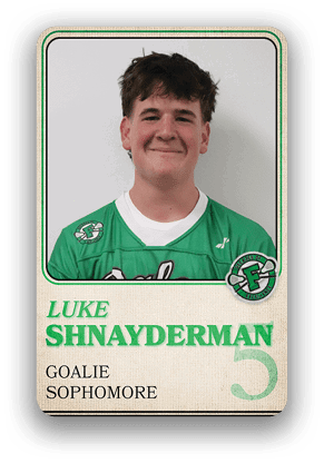 A person wearing a green sports jersey with the name Luke Shnayderman, identified as a sophomore goalie, is shown against a plain background. Description generated by AI