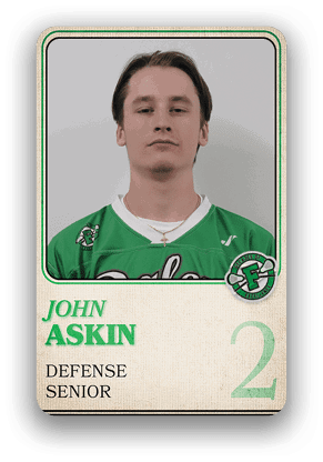 Person wearing a green sports jersey with the name John Askin, labeled as a senior defense player with the number 2 on the card. Description generated by AI