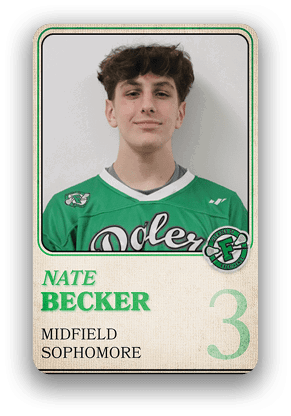 Person wearing a green sports jersey with the name Nate Becker, playing midfield, and identified as a sophomore with the number 3 on a sports card design. Description generated by AI