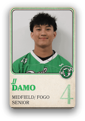 A person wearing a green sports jersey with the name “Damo," labeled as a senior midfielder/FOGO with the number 4 on a card-style graphic. Description generated by AI