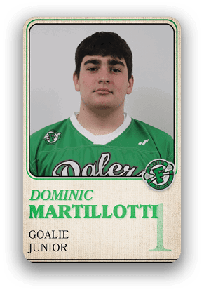 Person wearing a green sports jersey with the name Dominic Martillotti, labeled as a junior goalie, on a card-style background. Description generated by AI