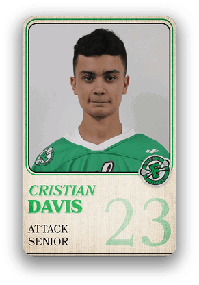 Person wearing a green sports jersey with the name Cristian Davis, labeled as an attack senior with the number 23. Description generated by AI