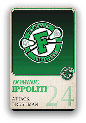 A sports trading card featuring the name Dominic Ippoliti, labeled as an attack freshman with the number 24, and a green and white logo with two lacrosse sticks crossed behind a large letter F. Description generated by AI