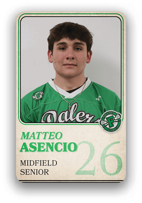 Person wearing a green sports jersey with the name Matteo Asencio, labeled as a senior midfielder with the number 26. Description generated by AI