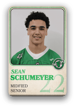 A person with curly hair wearing a green sports jersey labeled “Sean Schumeyer," identified as a senior midfielder with the number 22 on a sports card-style background. Description generated by AI