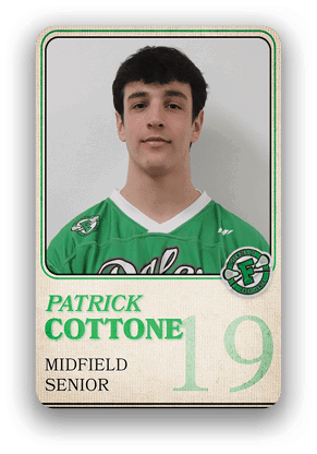 Person wearing a green sports jersey with the name Patrick Cottone, labeled as a senior midfielder, and the number 19 displayed. Description generated by AI
