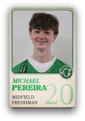A sports trading card featuring a person with short hair wearing a green and white jersey labeled Michael Pereira, midfield, freshman, with the number 20. Description generated by AI