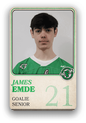 Person wearing a green sports jersey with the name James Emde, labeled as a senior goalie, and the number 21 displayed on a card-style background. Description generated by AI