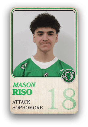 Person with curly hair wearing a green sports jersey labeled Mason Riso with the number 18 and the words Attack and Sophomore. Description generated by AI
