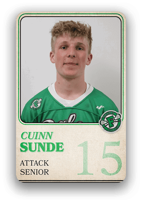 A person wearing a green sports jersey with the name “Cuinn Sunde," the number 15, and the words "Attack Senior" displayed on a card-style background. Description generated by AI